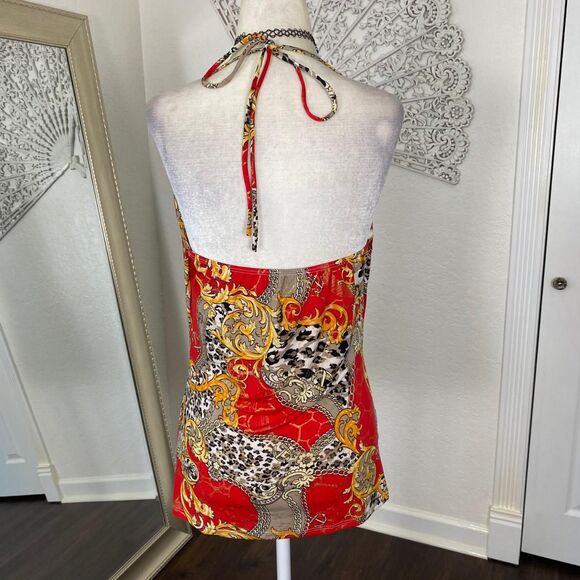 Y2K Boho Red Gold Paisley Low Cowl Neck Made in USA Halter Top Sz M - Picture 6 of 8